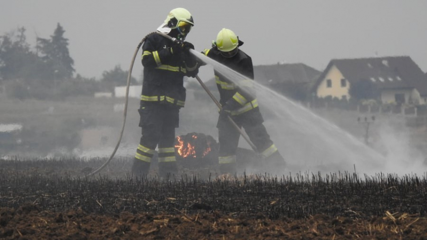 Deset hasičských jednotek likviduje požár pole u Podluh. Vítr hnal oheň do lesa