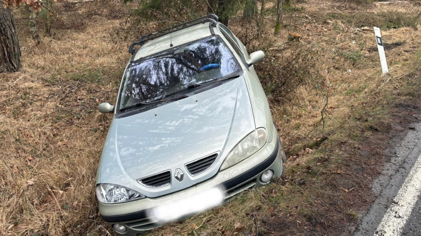 Osobní auto skončilo po smyku u Trnové v příkopu