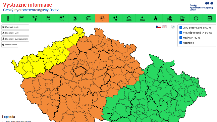 V Čechách ve středu hrozí velmi silné bouřky s větrem a krupobitím, varuje ČHMÚ