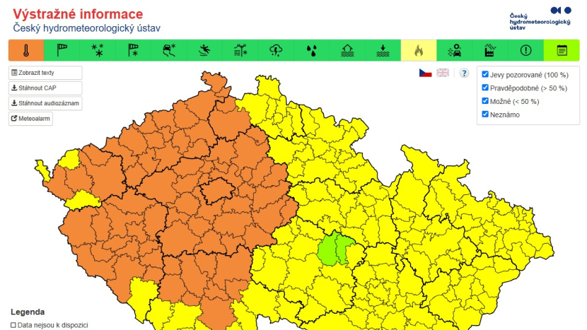 Výstraha na vysoké až velmi vysoké teploty a riziko požárů pokračuje