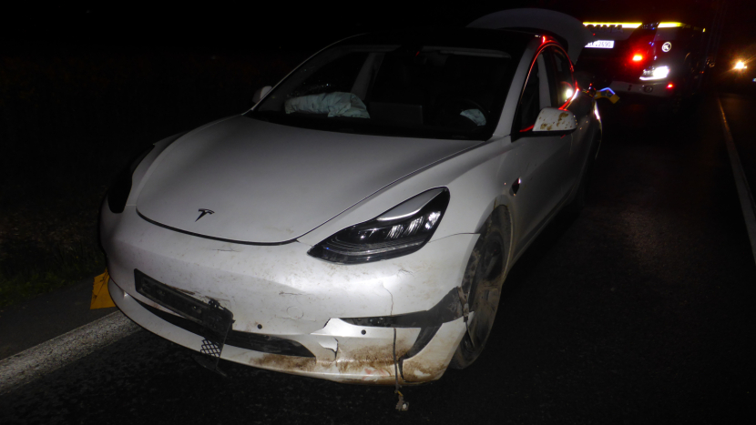 Střet u Vranovic: Tesla srazila divočáka, silnice na Rožmitál byla průjezdná jedním pruhem
