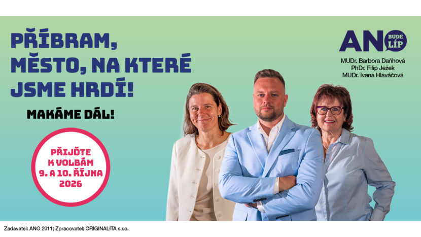 ANO Příbram (číslo 9) představuje kandidáty Filipa Ježka, MUDr. Hlaváčovou a MUDr. Barboru Daňhovou