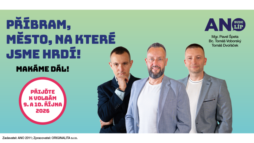 ANO Příbram (číslo 9) představuje kandidáty Tomáše Voborského, Pavla Špetu a Tomáše Dvořáčka