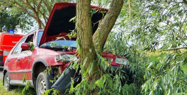 Žena se zákazem řízení ujížděla policejní hlídce. Neujela, nezvládla jízdu a narazila do stromu