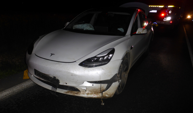 Střet u Vranovic: Tesla srazila divočáka, silnice na Rožmitál byla průjezdná jedním pruhem