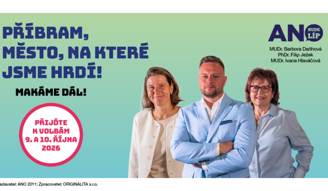 ANO Příbram (číslo 9) představuje kandidáty Filipa Ježka, MUDr. Hlaváčovou a MUDr. Barboru Daňhovou