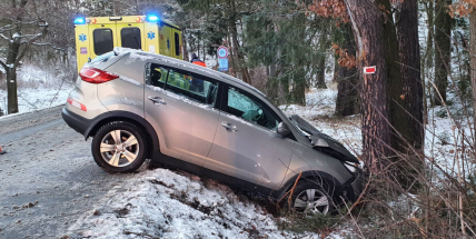 Sníh komplikuje dopravu. U Hluboše havarovalo auto do stromu