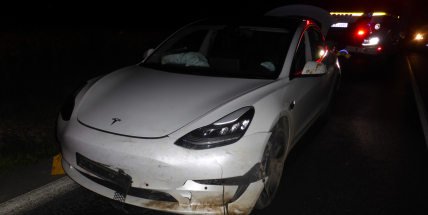 Střet u Vranovic: Tesla srazila divočáka, silnice na Rožmitál byla průjezdná jedním pruhem