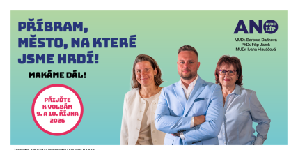 ANO Příbram (číslo 9) představuje kandidáty Filipa Ježka, MUDr. Hlaváčovou a MUDr. Barboru Daňhovou