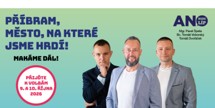 ANO Příbram (číslo 9) představuje kandidáty Tomáše Voborského, Pavla Špetu a Tomáše Dvořáčka