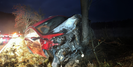 Hrozivá nehoda u Hluboše: Auto po střetu skončilo ve stromě a začalo hořet