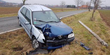 Peugeot přerazil sloup a skončil v příkopu